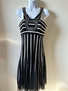 Black & White Striped Midi Dress with Decorative Neckline